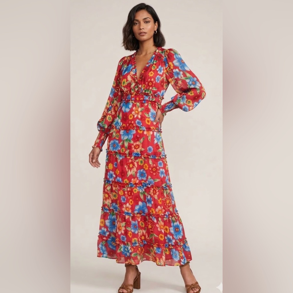 Chelsea & Violet Margaux Floral Print Plisse V-Neck Long Cuff Sleeve Maxi Dress